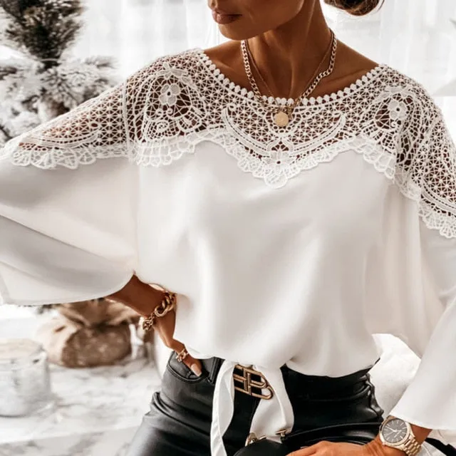 2021 Spring Lace Crochet Blouse Shirt Fashion Women O Neck Batwing Sleeve Pullover Tops Sizes S - 2 XL