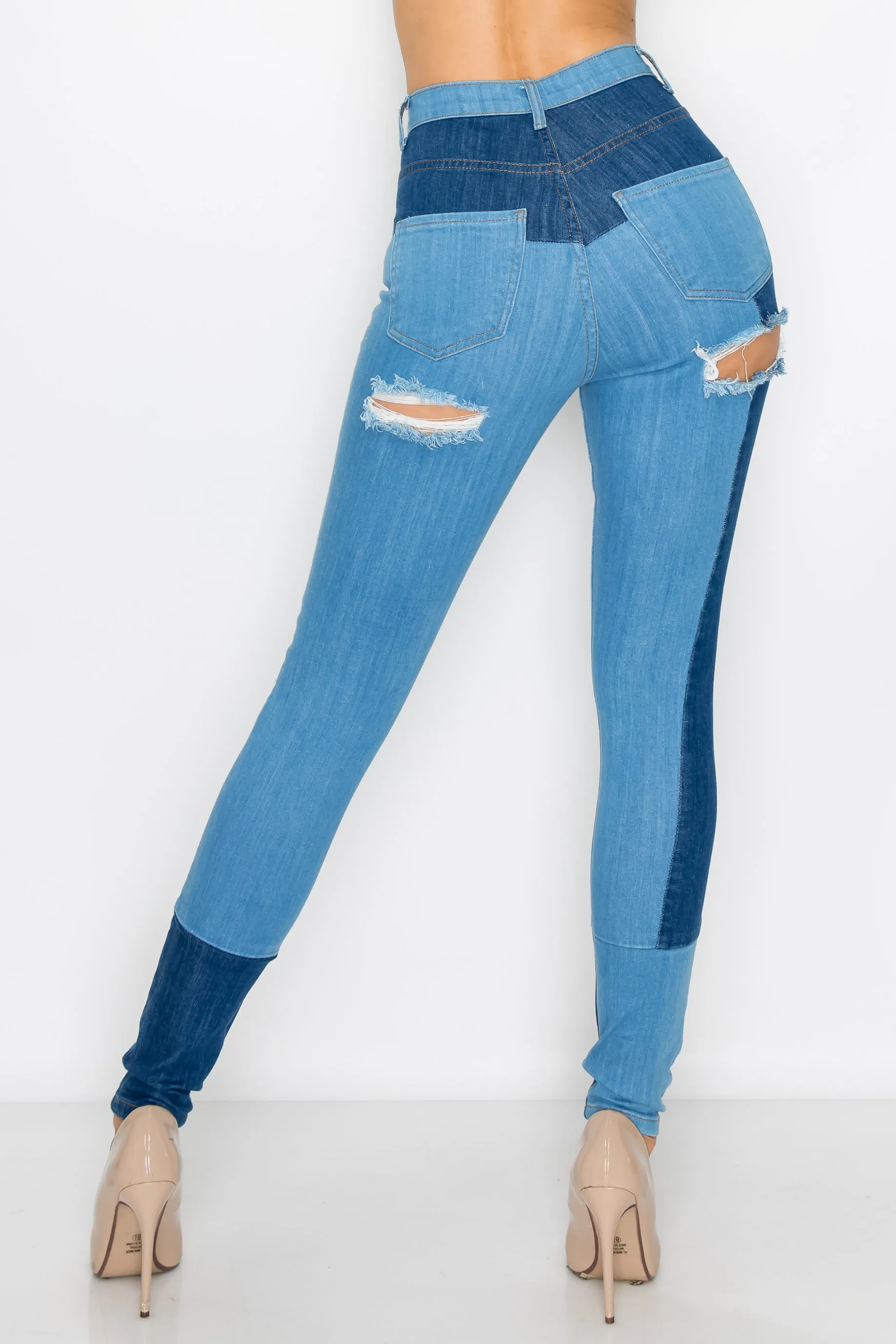 40190 Women's High Waisted Skinny Jeans with Slice Destruction