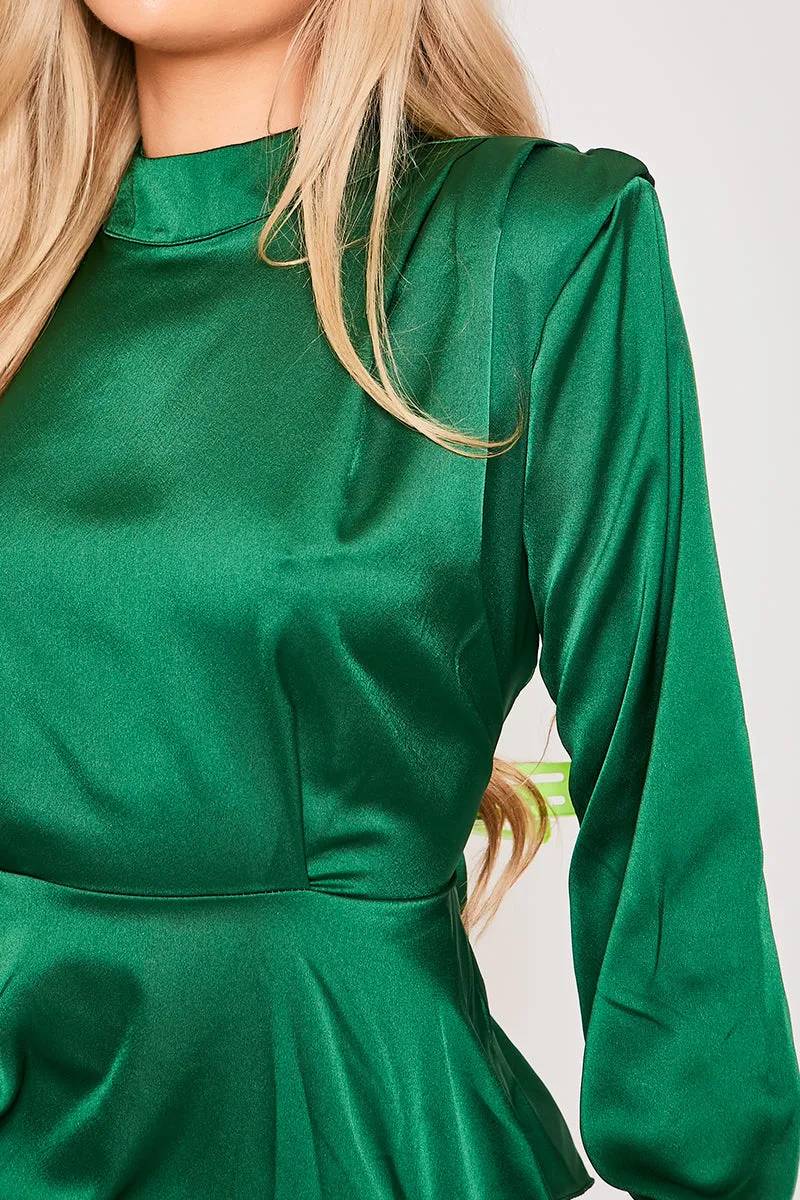 Abigayle - Green Satin High Neck Peplum Top