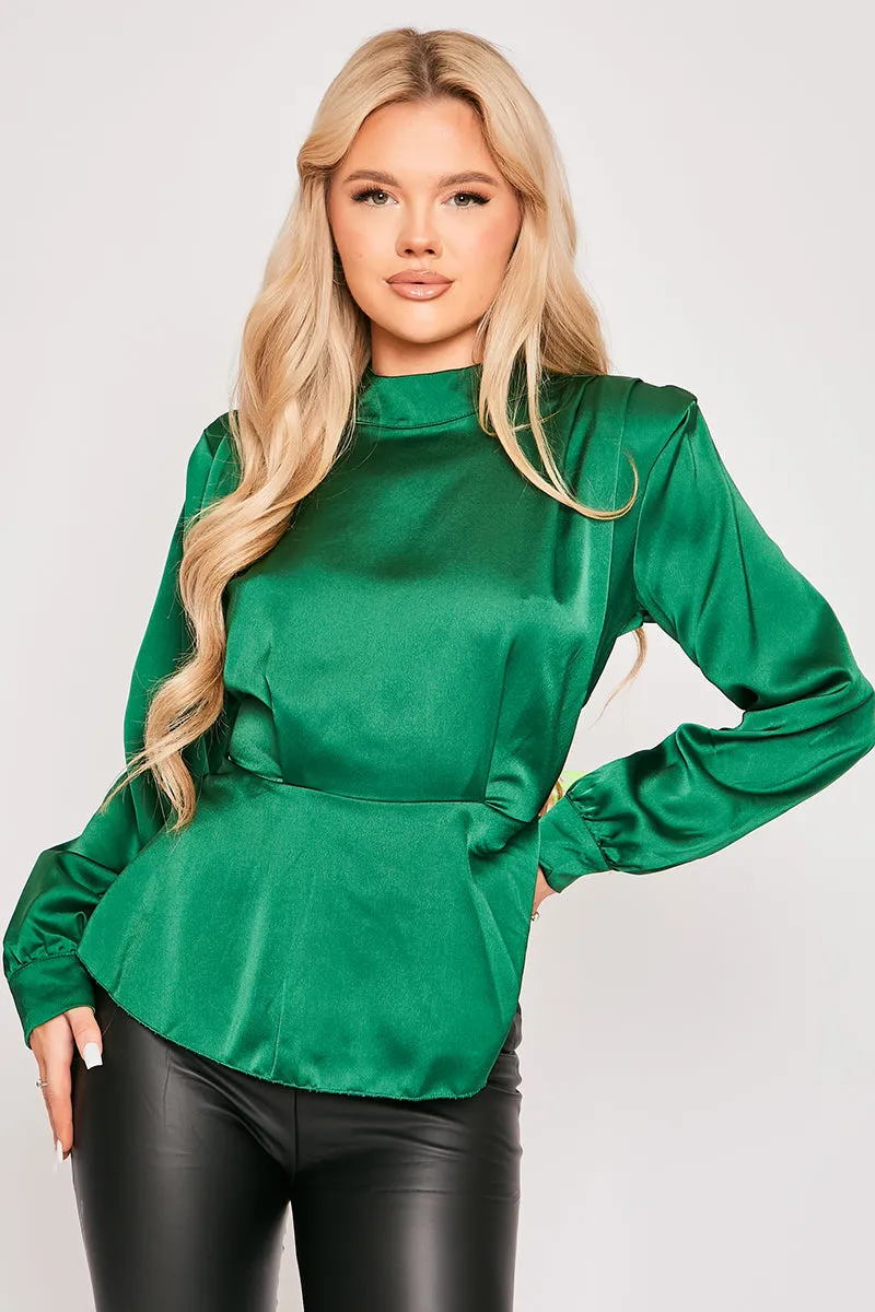 Abigayle - Green Satin High Neck Peplum Top