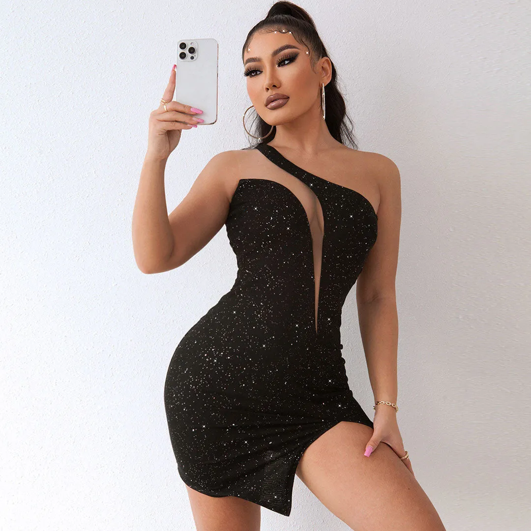 Asymmetric Mesh Panel Side Split One Shoulder Bodycon Mini Dress -