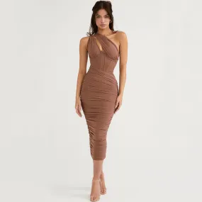 Asymmetric One Shoulder CutOut Ruched Corset Mesh Midi Dress - Brown