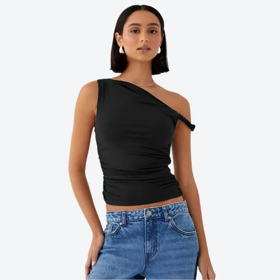 Asymmetrical Off-Shoulder Ruched Tank Tops