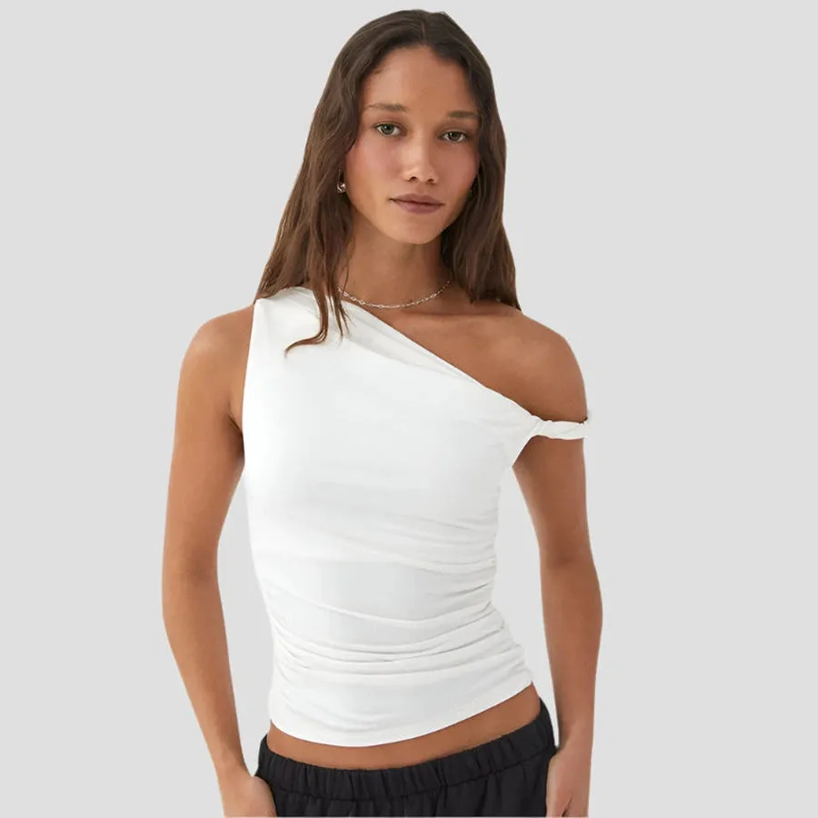 Asymmetrical Off-Shoulder Ruched Tank Tops