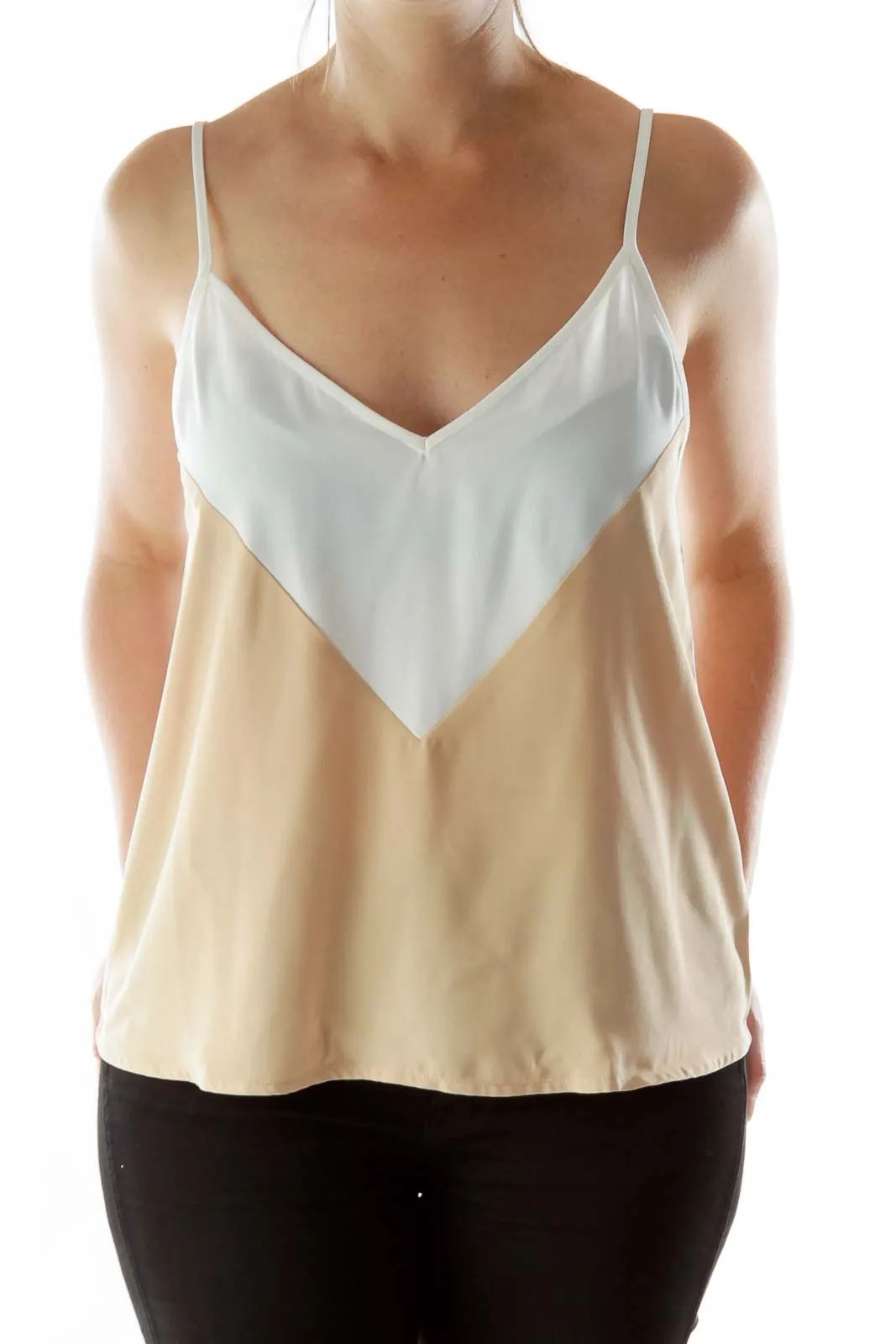 Beige White V-Neck Sleeveless Blouse