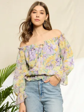 Berrylush Women Purple & Yellow Floral Printed Off-Shoulder Neck Tie-Up Ruffled Regular Peplum Top