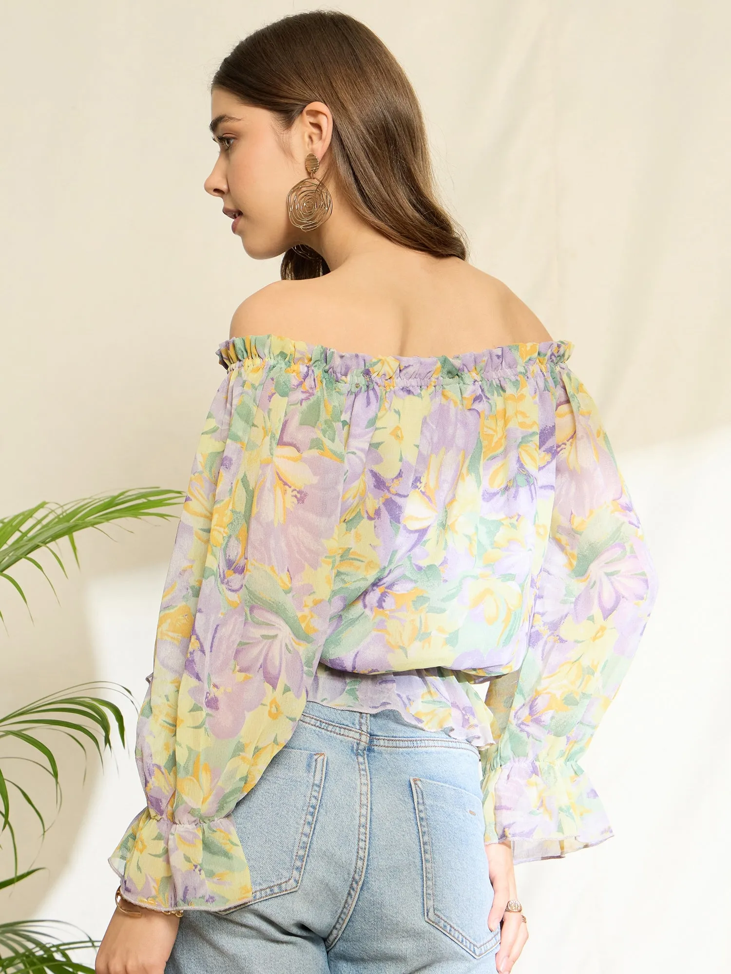 Berrylush Women Purple & Yellow Floral Printed Off-Shoulder Neck Tie-Up Ruffled Regular Peplum Top