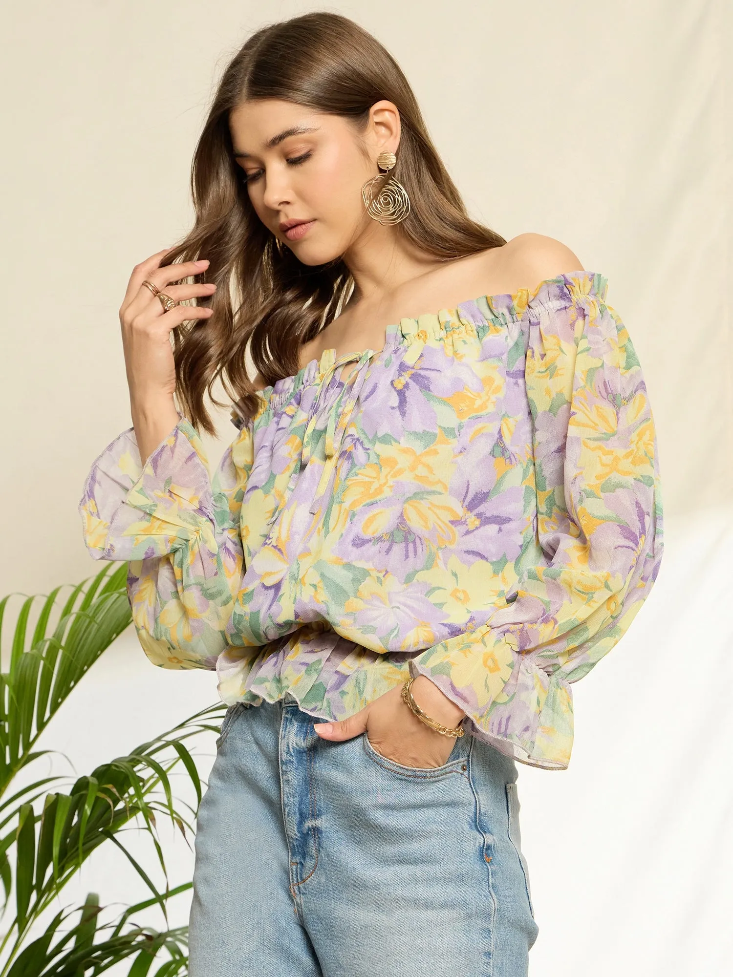 Berrylush Women Purple & Yellow Floral Printed Off-Shoulder Neck Tie-Up Ruffled Regular Peplum Top