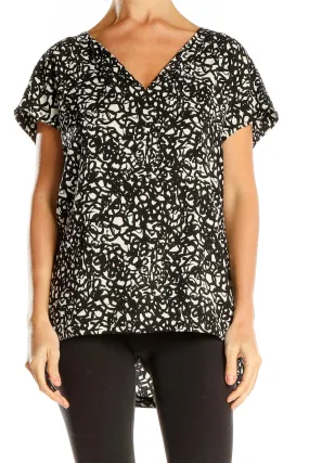 Black and White Abstract Print V-Neck Blouse