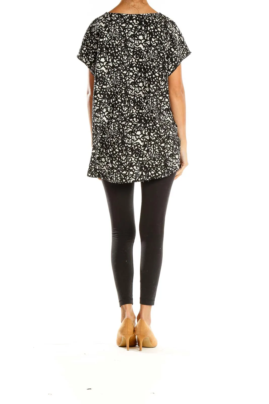 Black and White Abstract Print V-Neck Blouse