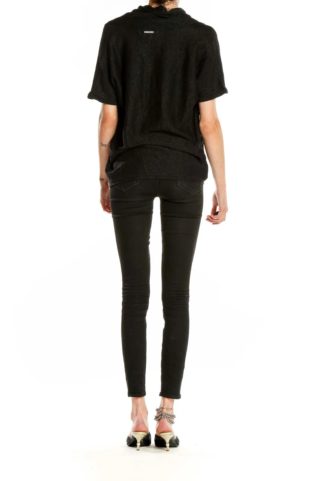 Black Draped V-Neck Short Sleeve Top