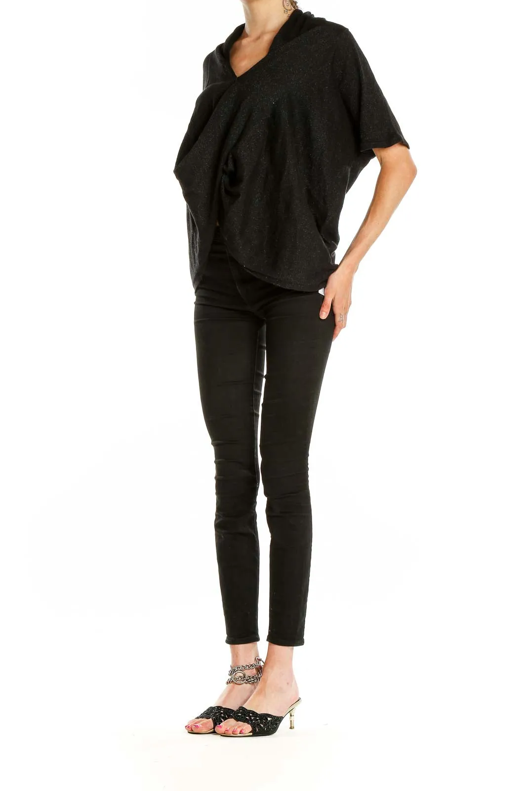 Black Draped V-Neck Short Sleeve Top