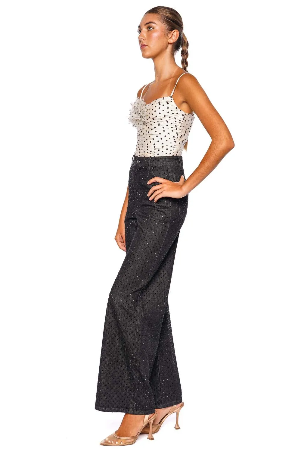 Black Rhinestone Embellished Wide Leg Jean