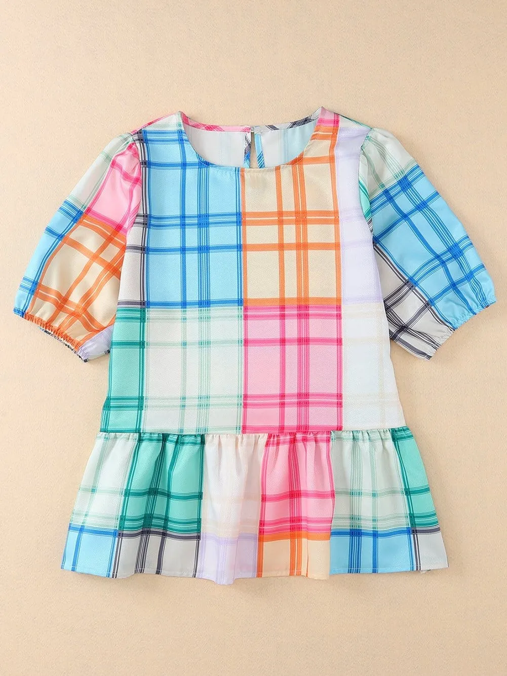 Bold Plaid Colorblock Peplum Top with Puff Sleeves