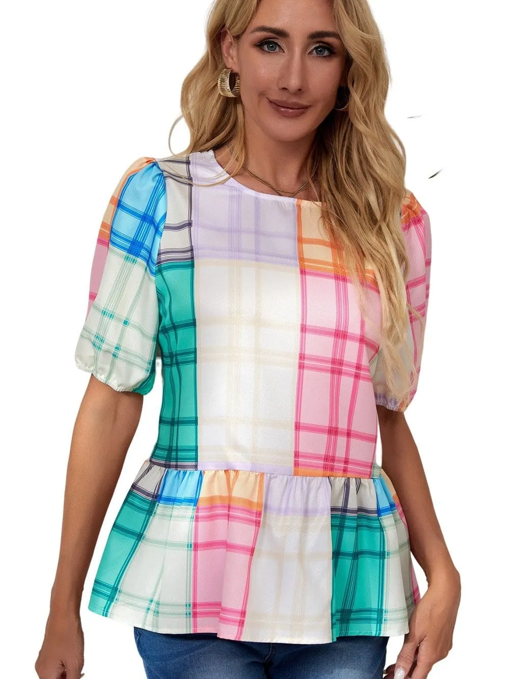 Bold Plaid Colorblock Peplum Top with Puff Sleeves