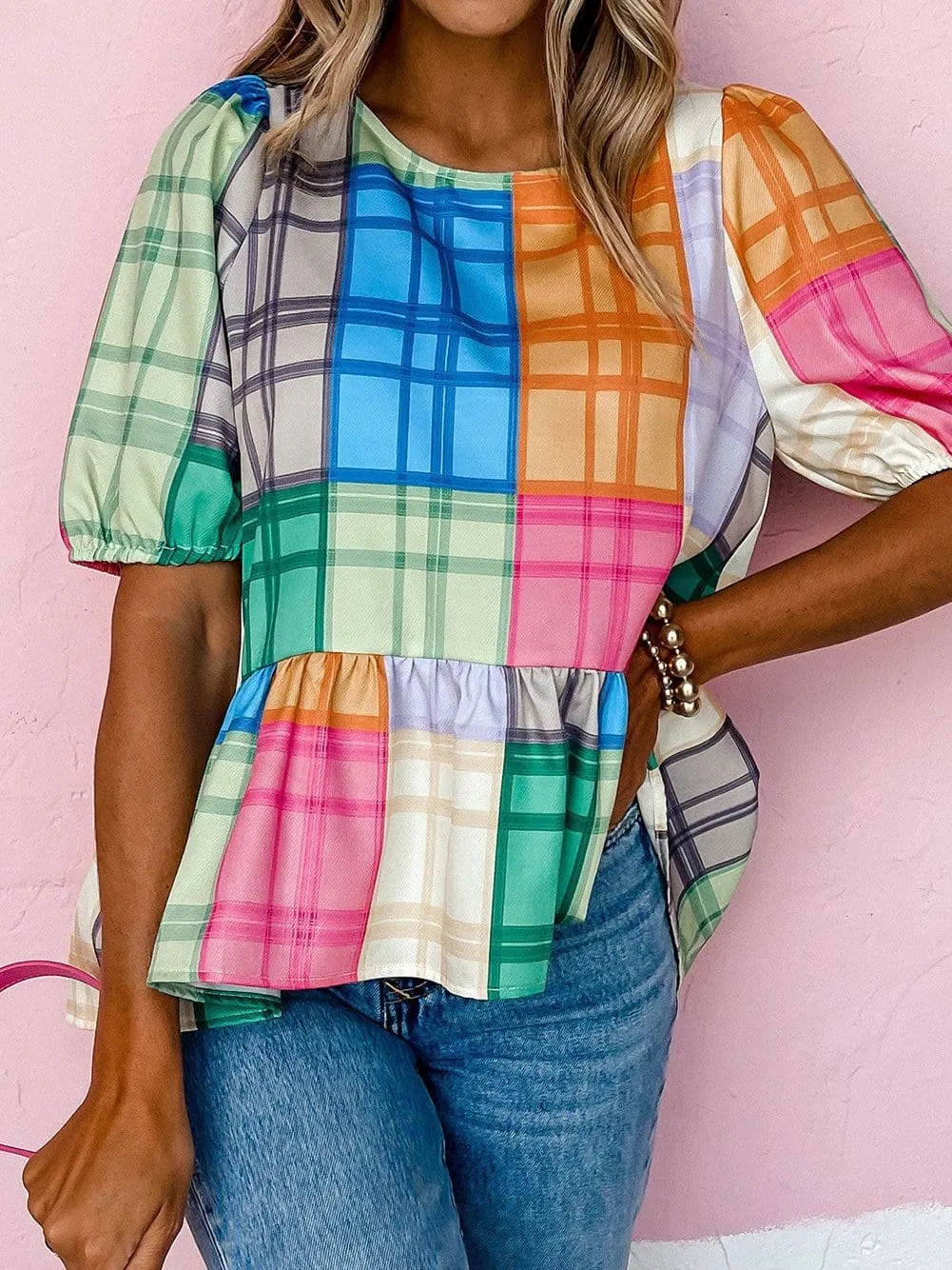 Bold Plaid Colorblock Peplum Top with Puff Sleeves