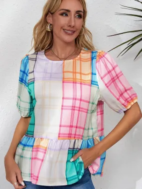 Bold Plaid Colorblock Peplum Top with Puff Sleeves