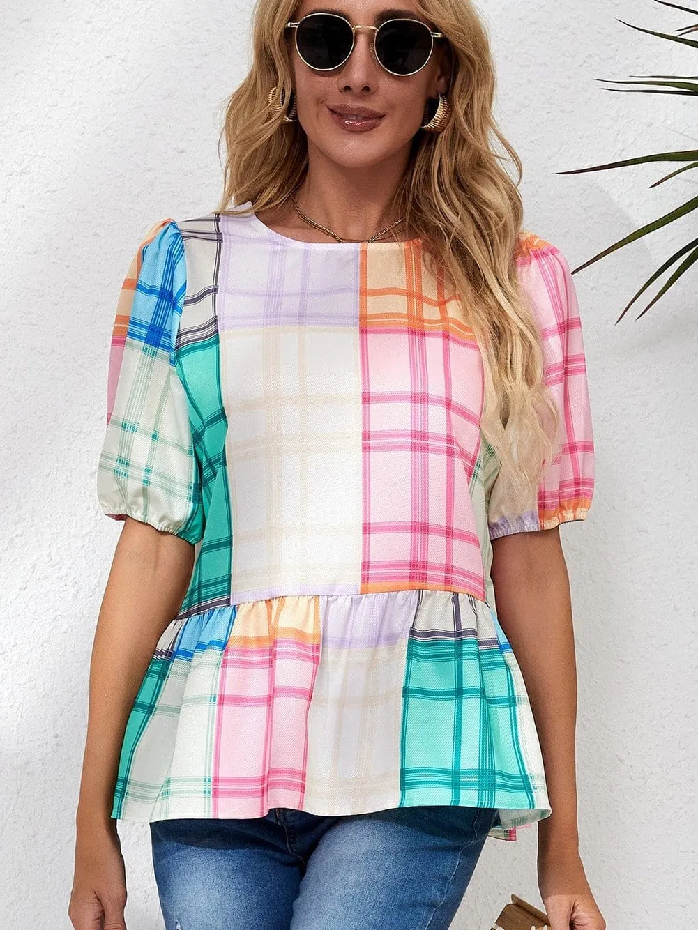 Bold Plaid Colorblock Peplum Top with Puff Sleeves