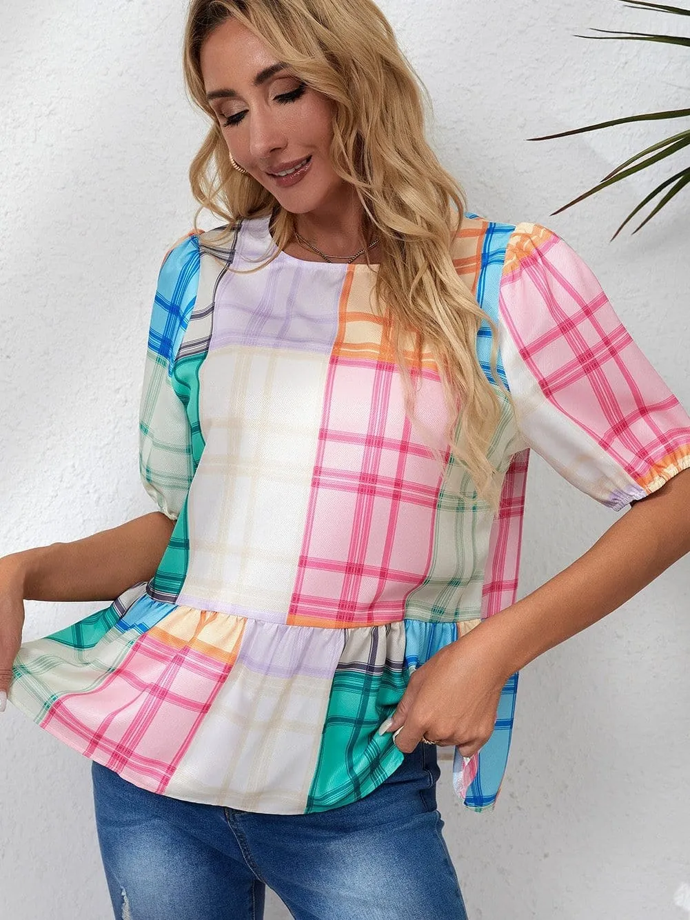 Bold Plaid Colorblock Peplum Top with Puff Sleeves