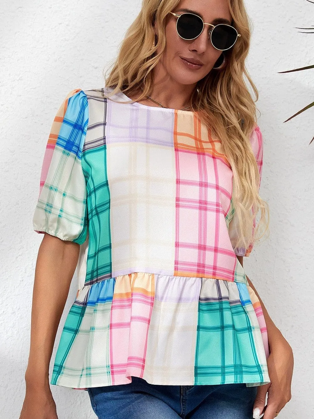 Bold Plaid Colorblock Peplum Top with Puff Sleeves