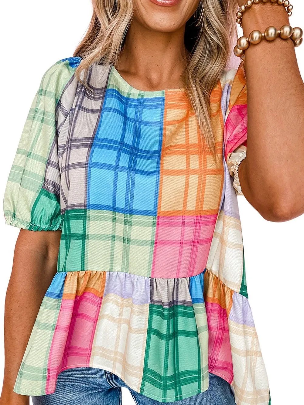 Bold Plaid Colorblock Peplum Top with Puff Sleeves