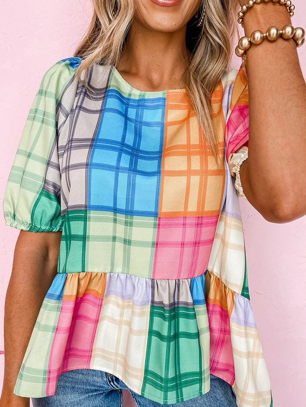 Bold Plaid Colorblock Peplum Top with Puff Sleeves