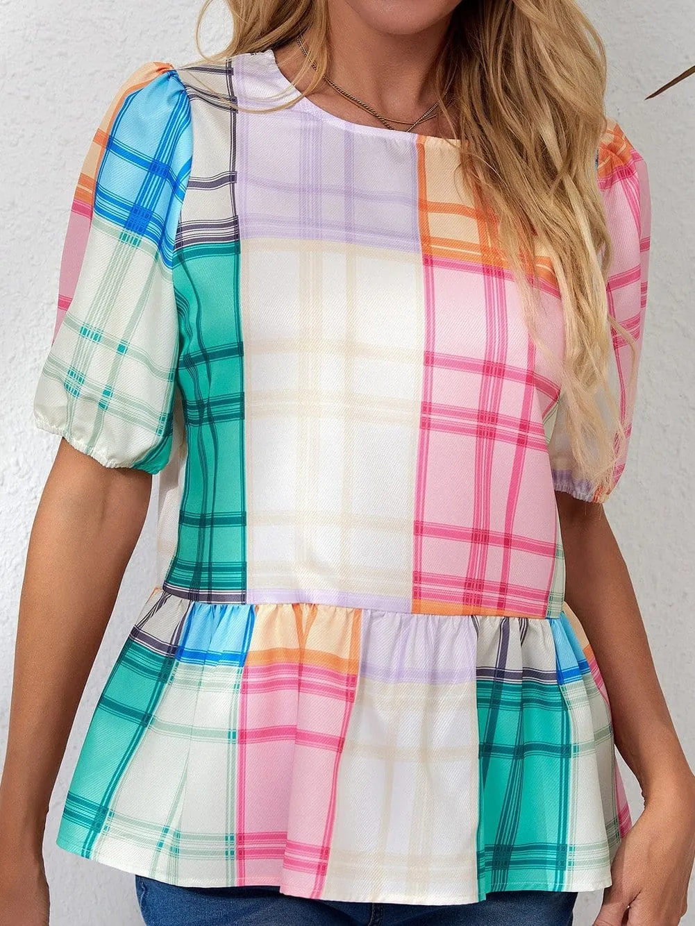 Bold Plaid Colorblock Peplum Top with Puff Sleeves