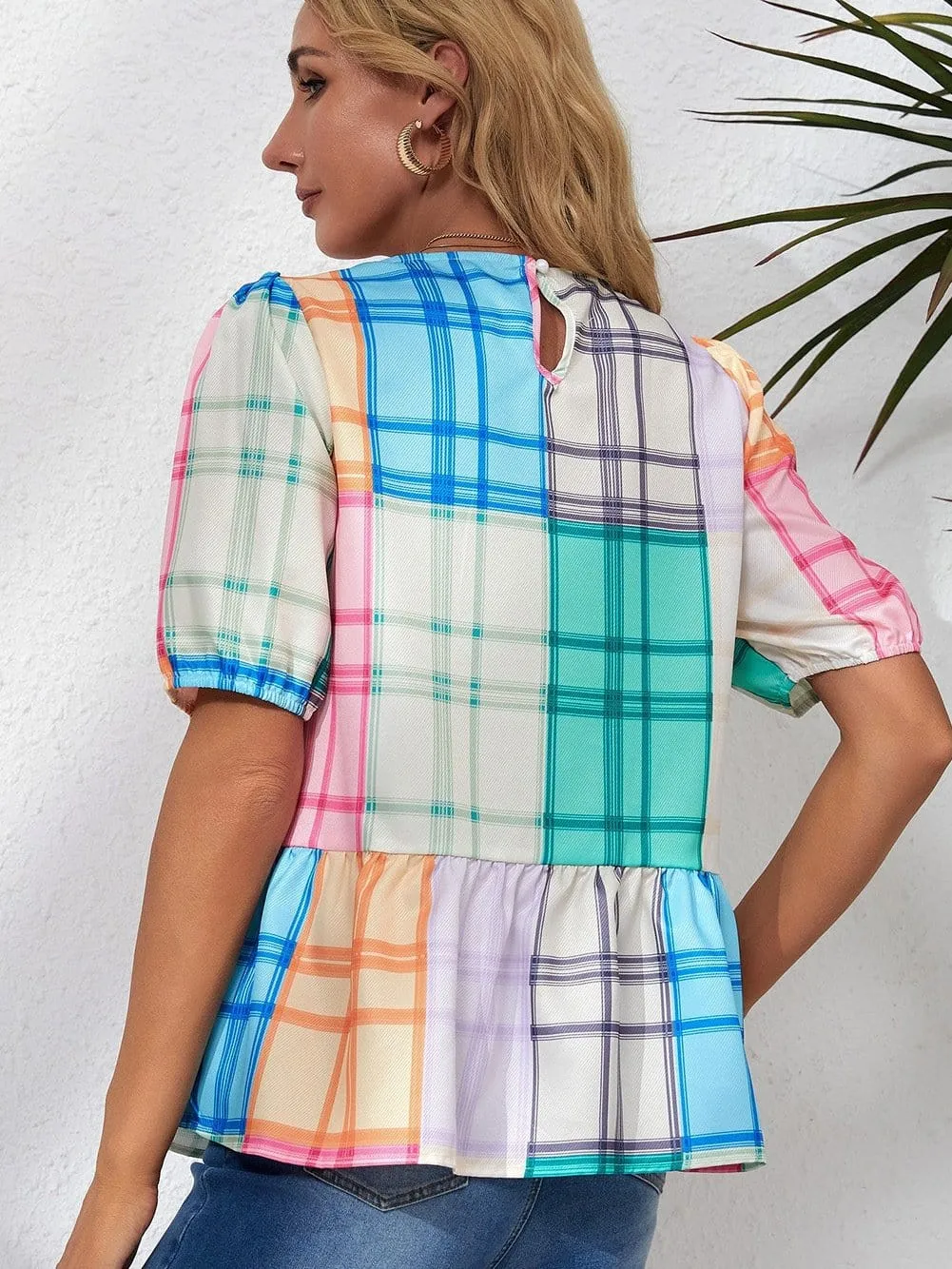 Bold Plaid Colorblock Peplum Top with Puff Sleeves