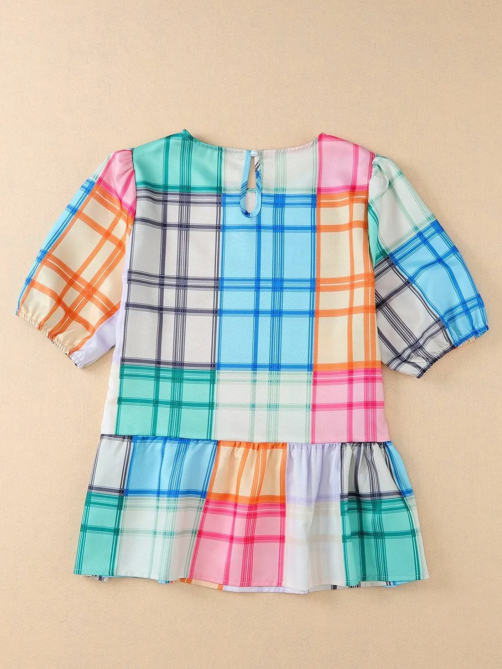 Bold Plaid Colorblock Peplum Top with Puff Sleeves