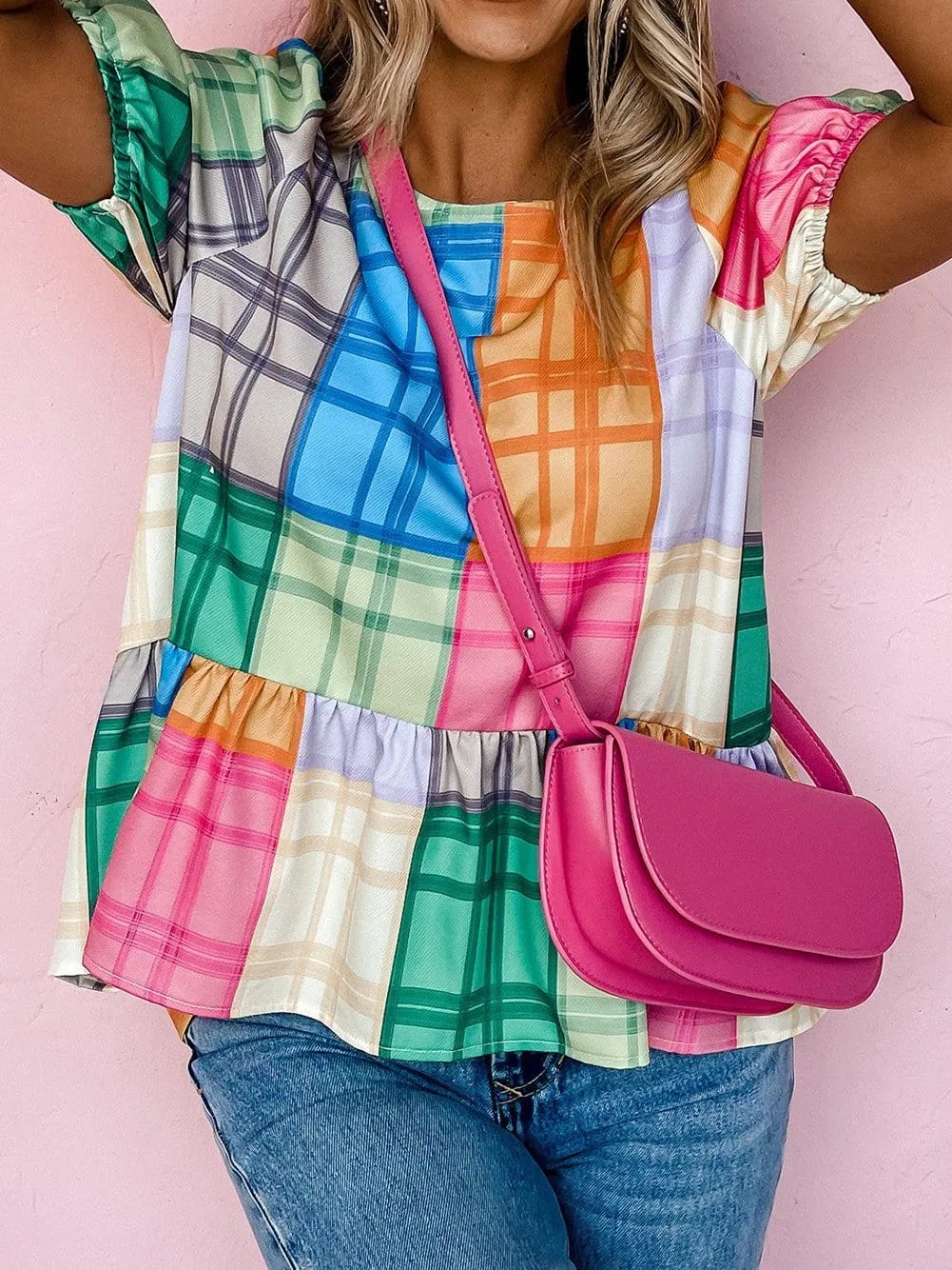 Bold Plaid Colorblock Peplum Top with Puff Sleeves