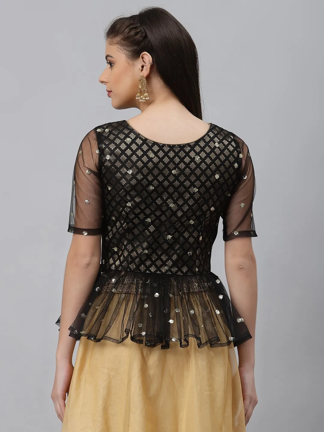 Brocade and Net Sequin Embroidered Peplum Top