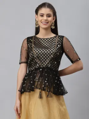 Brocade and Net Sequin Embroidered Peplum Top