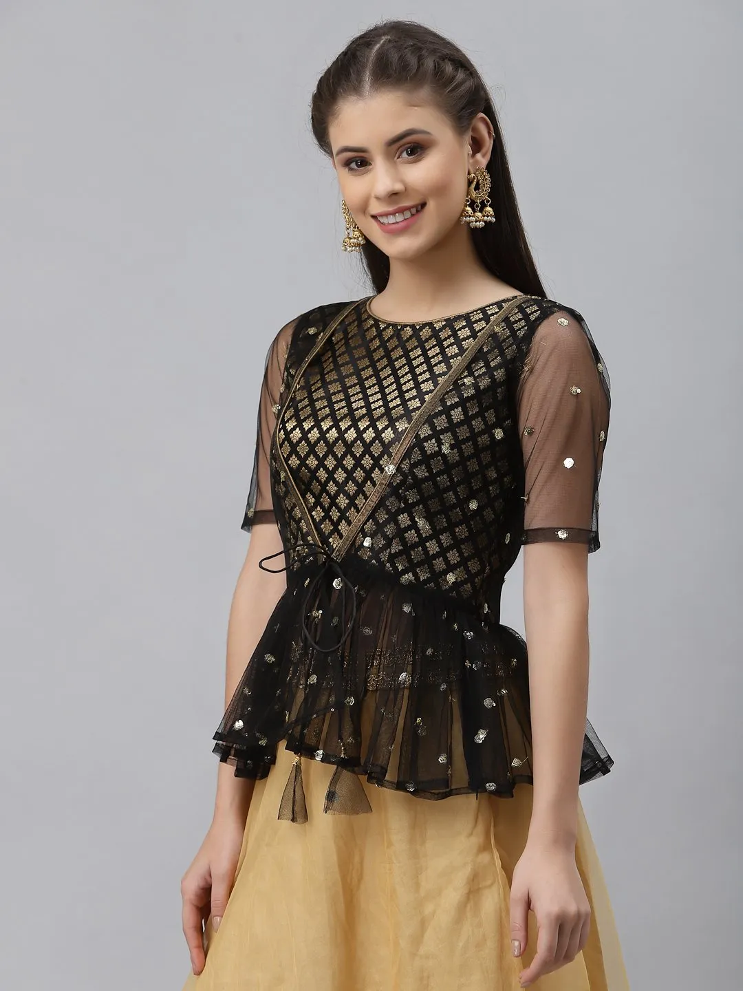 Brocade and Net Sequin Embroidered Peplum Top