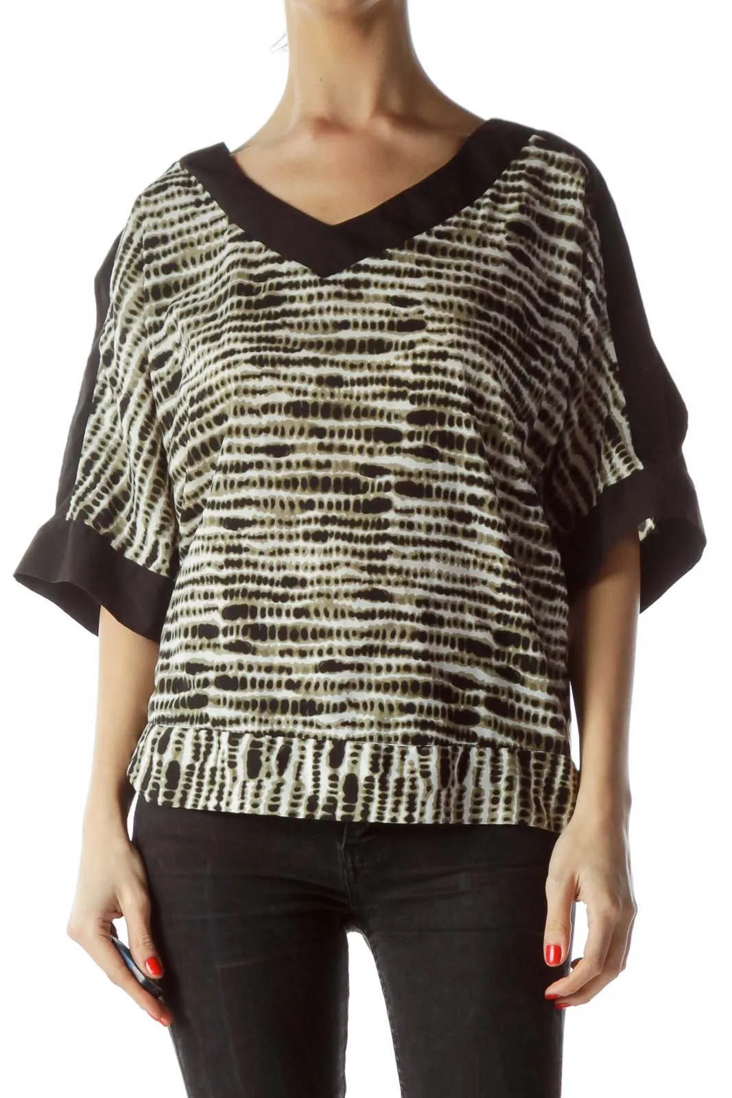 Brown & White Tie-Dye V-Neck Dolman Top