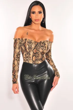 Brown Snake Print Padded Off Shoulder Long Sleeve Top