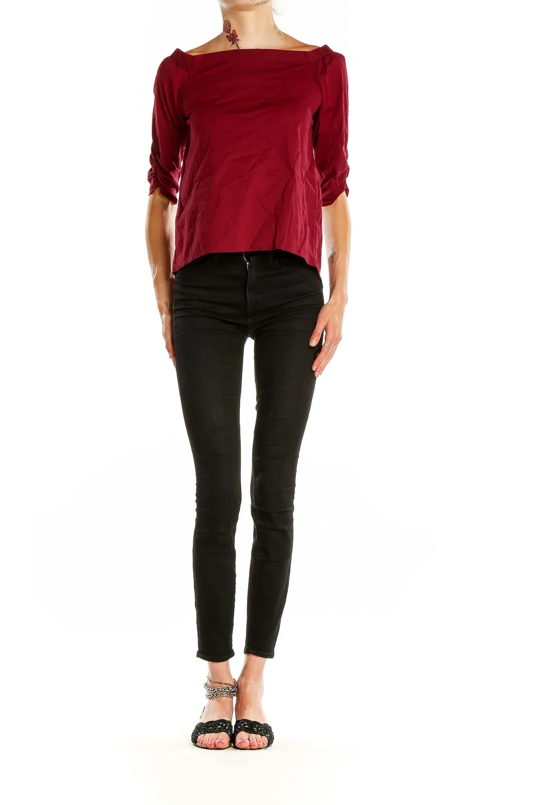 Burgundy Off-Shoulder Ruched Sleeve Top