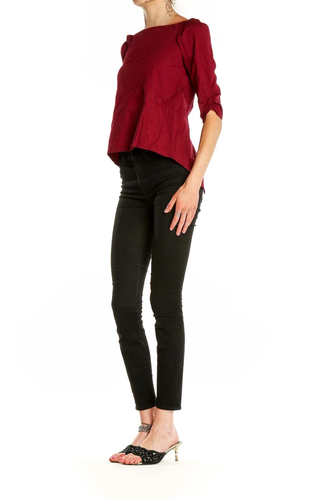 Burgundy Off-Shoulder Ruched Sleeve Top