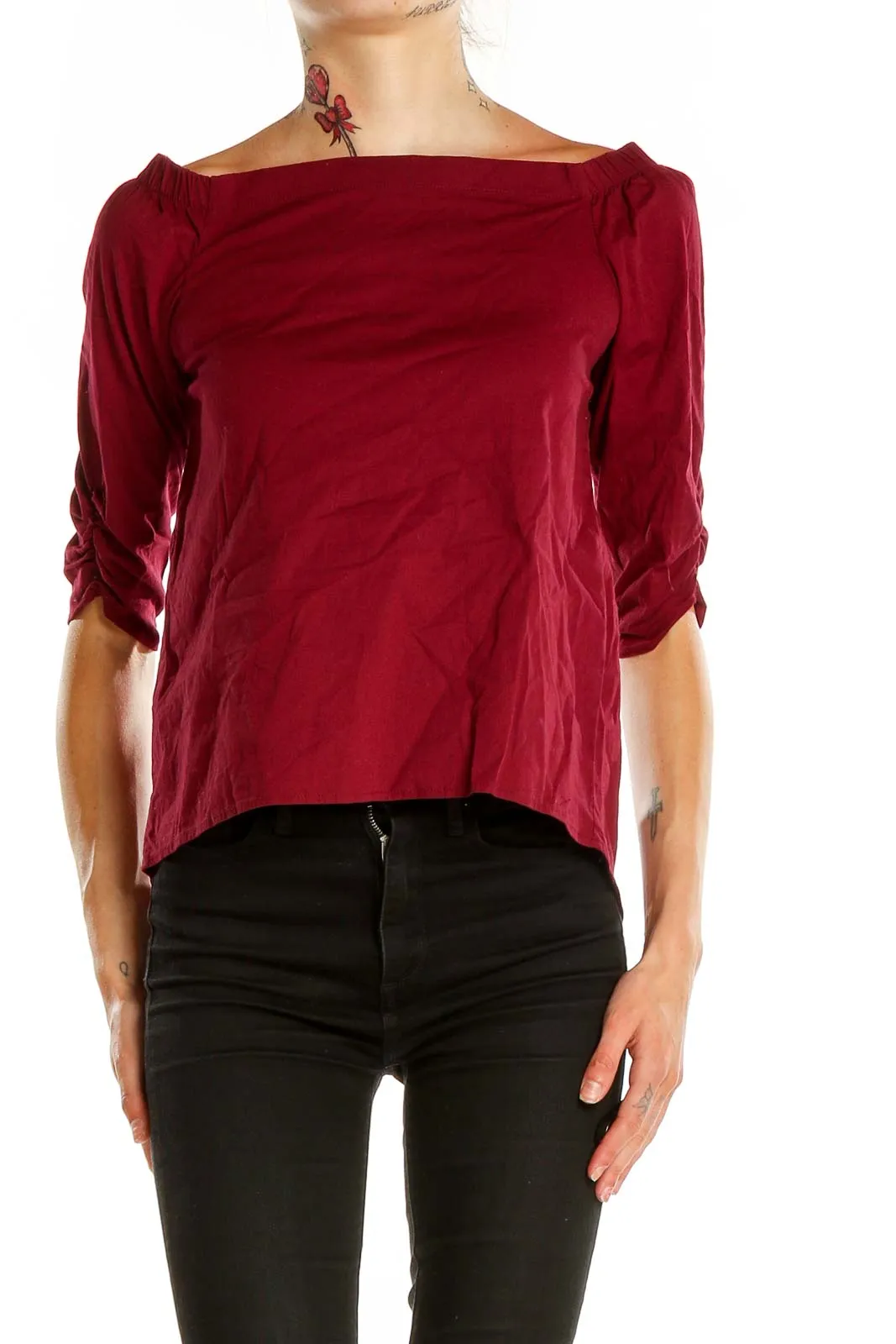 Burgundy Off-Shoulder Ruched Sleeve Top