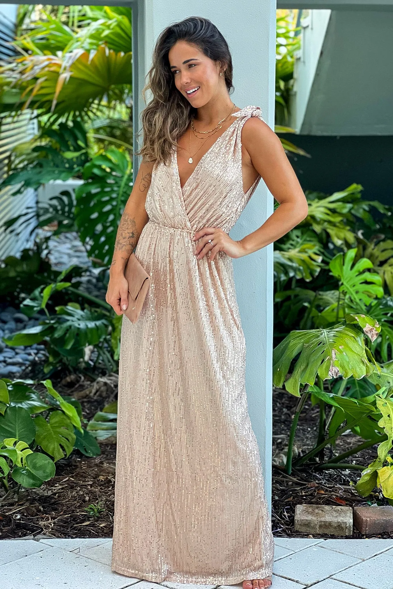 Champagne Tie Shoulder Sequin Maxi Dress