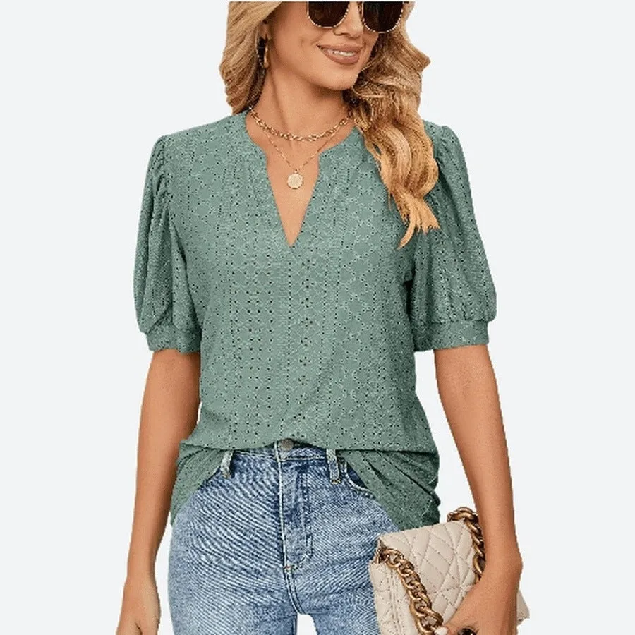 Chic Puff Sleeve V-Neck Blouses