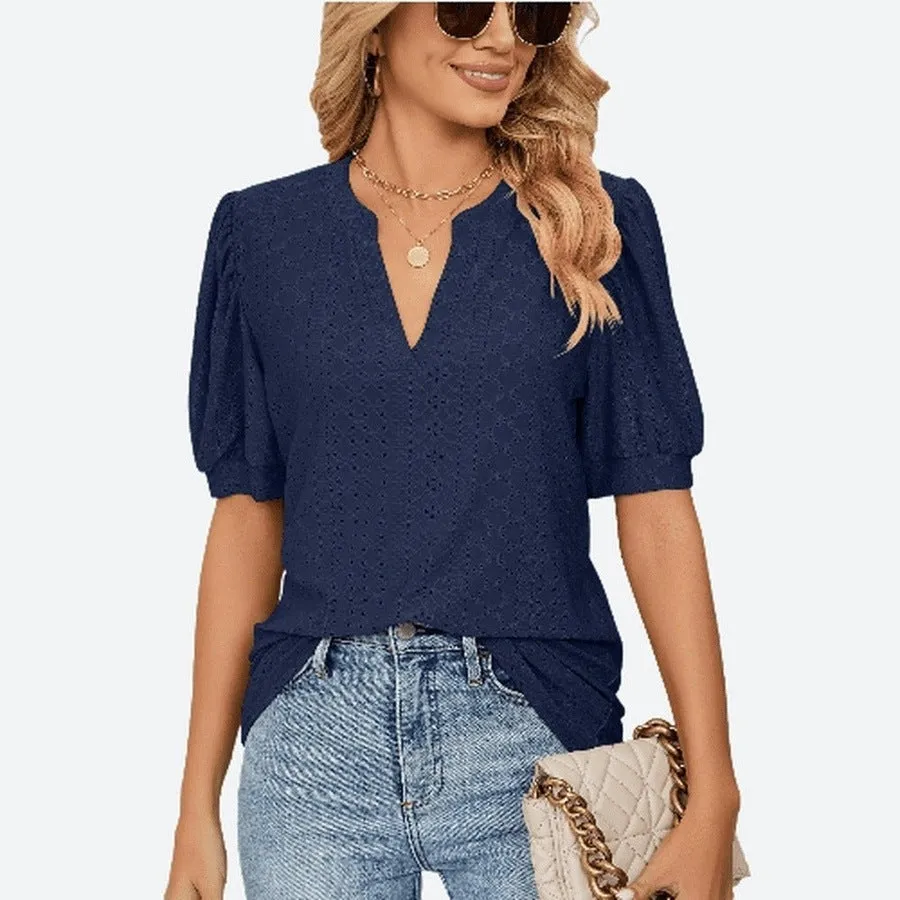 Chic Puff Sleeve V-Neck Blouses