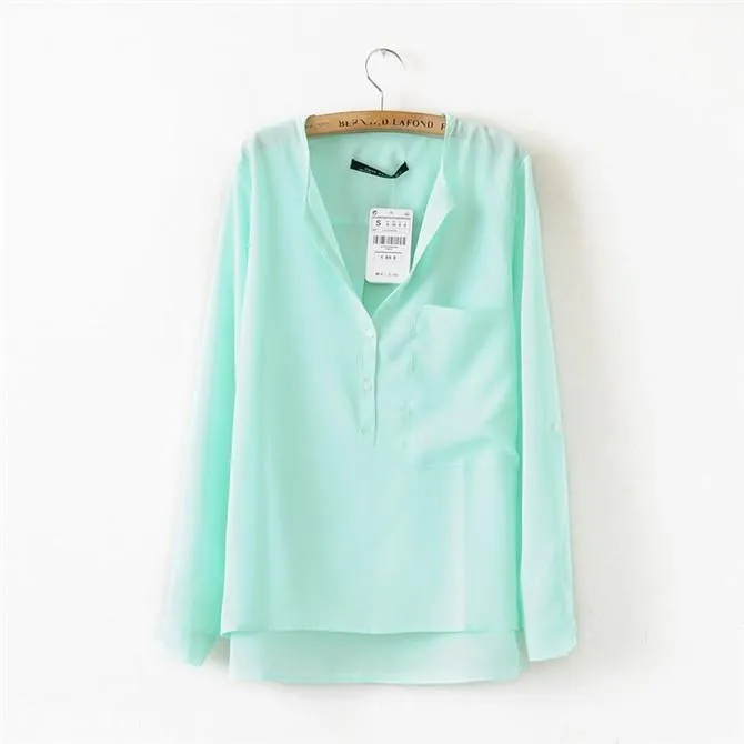 Chiffon V-neck Irregular Pure Color Casual Blouse