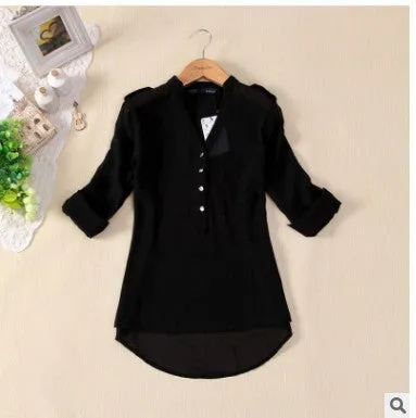 Chiffon V-neck Irregular Pure Color Casual Blouse