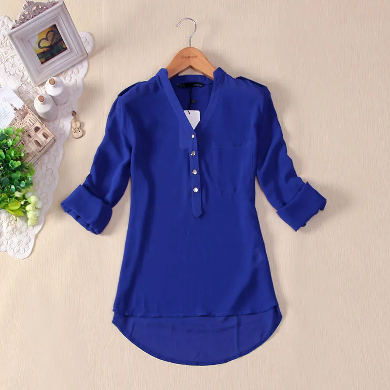 Chiffon V-neck Irregular Pure Color Casual Blouse