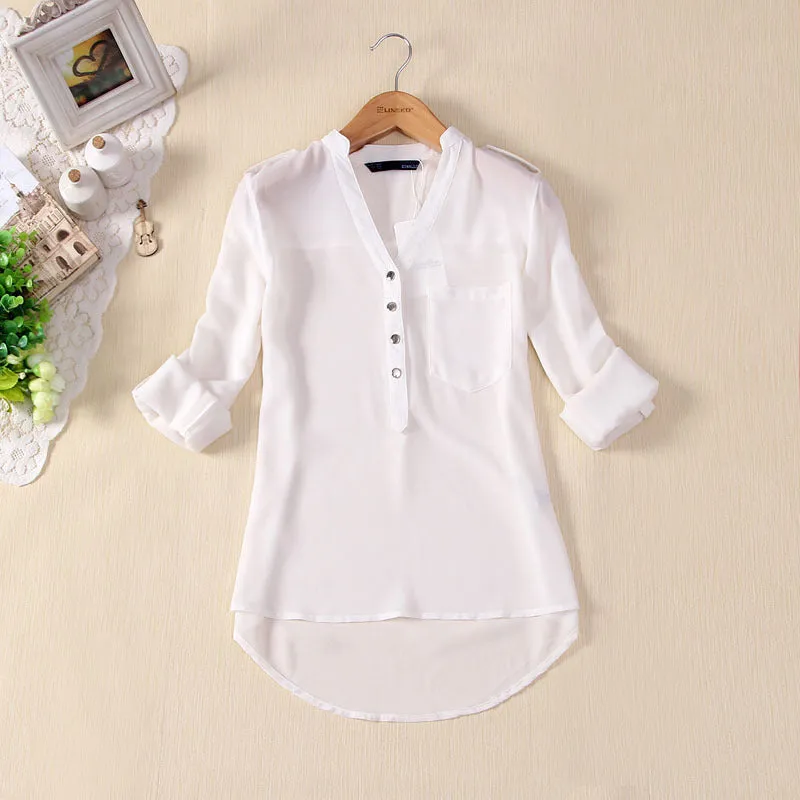 Chiffon V-neck Irregular Pure Color Casual Blouse