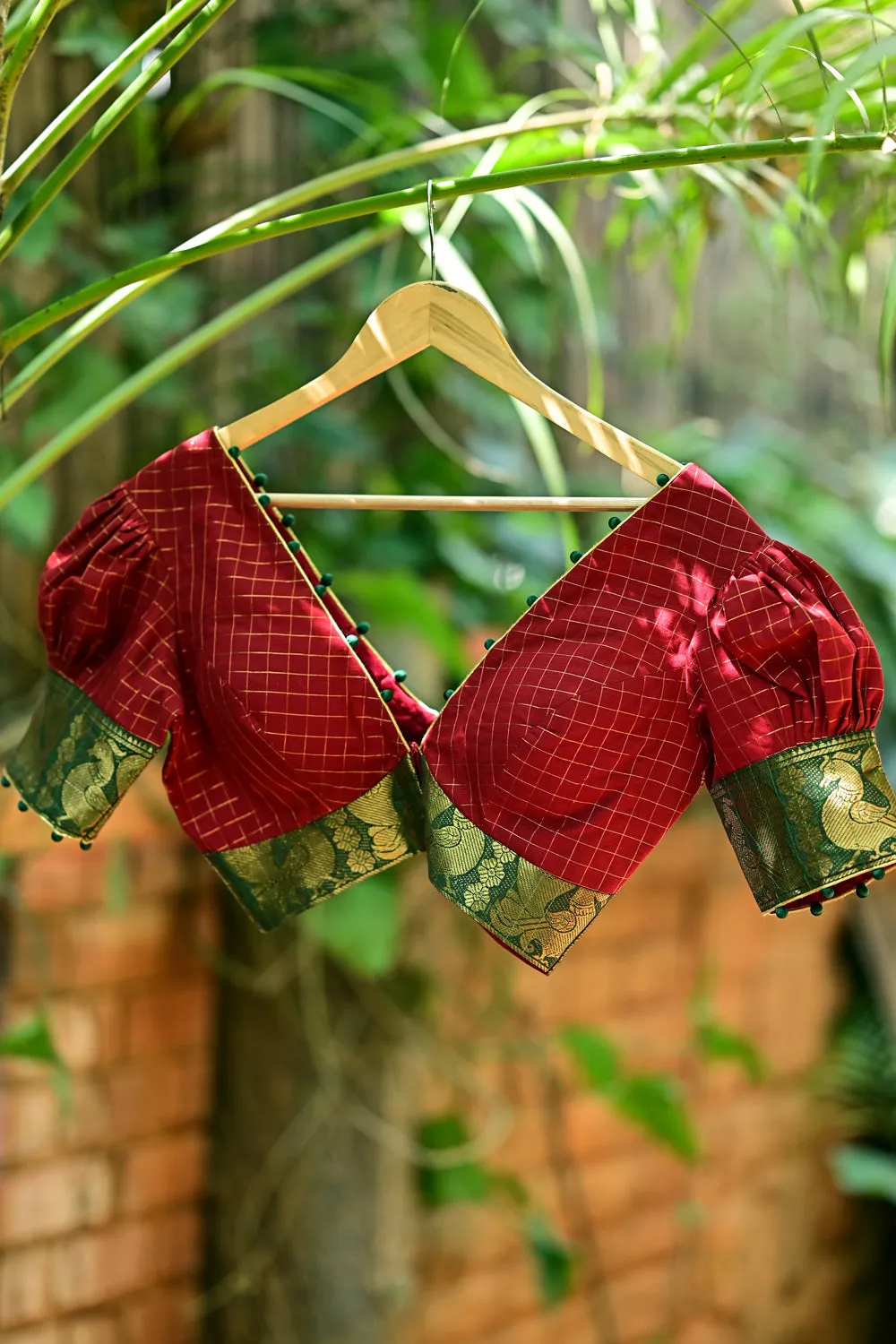 Chili red deep V neck checked blouse with puff sleeves in Chettinad cotton