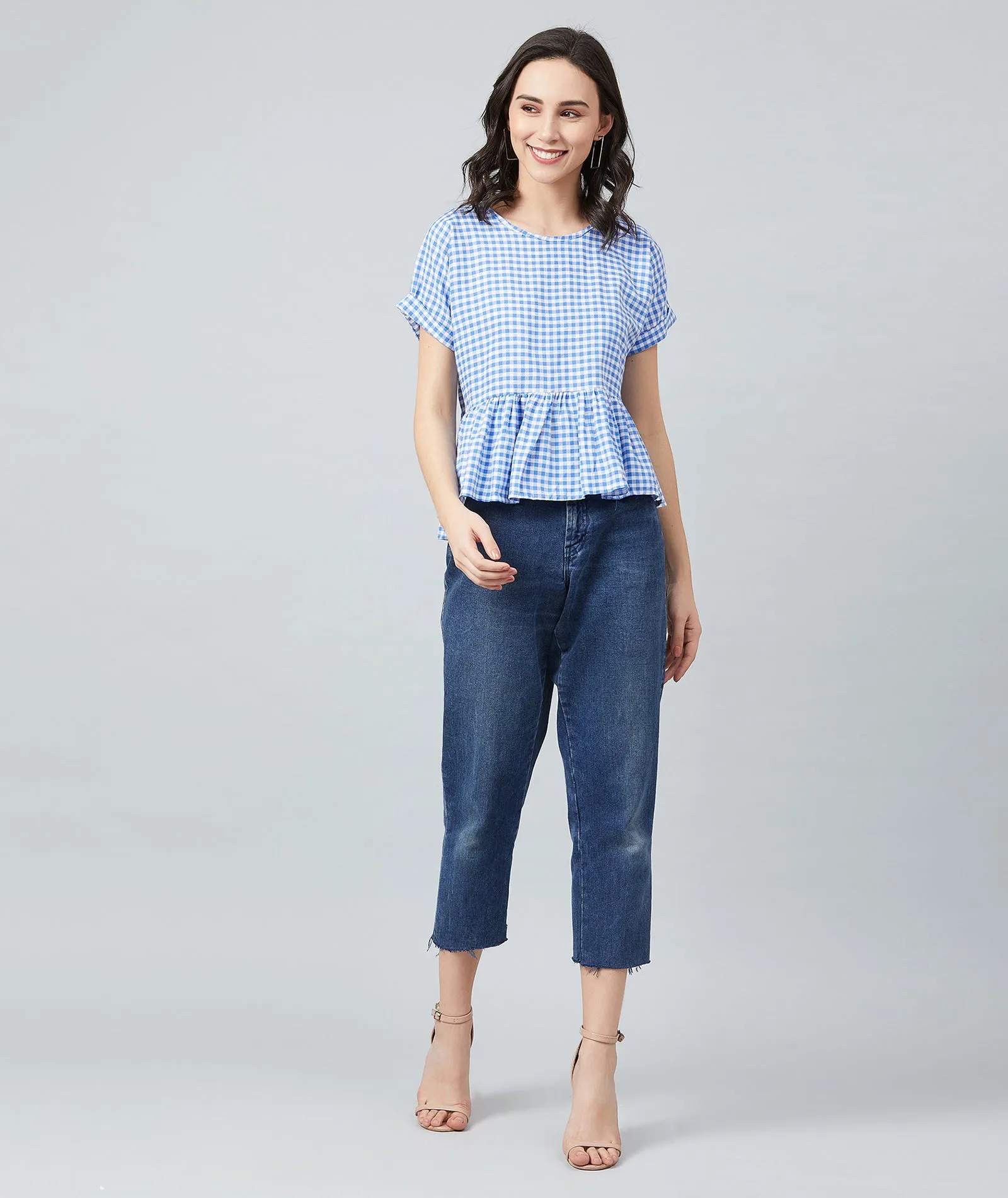 Chimpaaanzee Women Blue Checks Frill Style Top