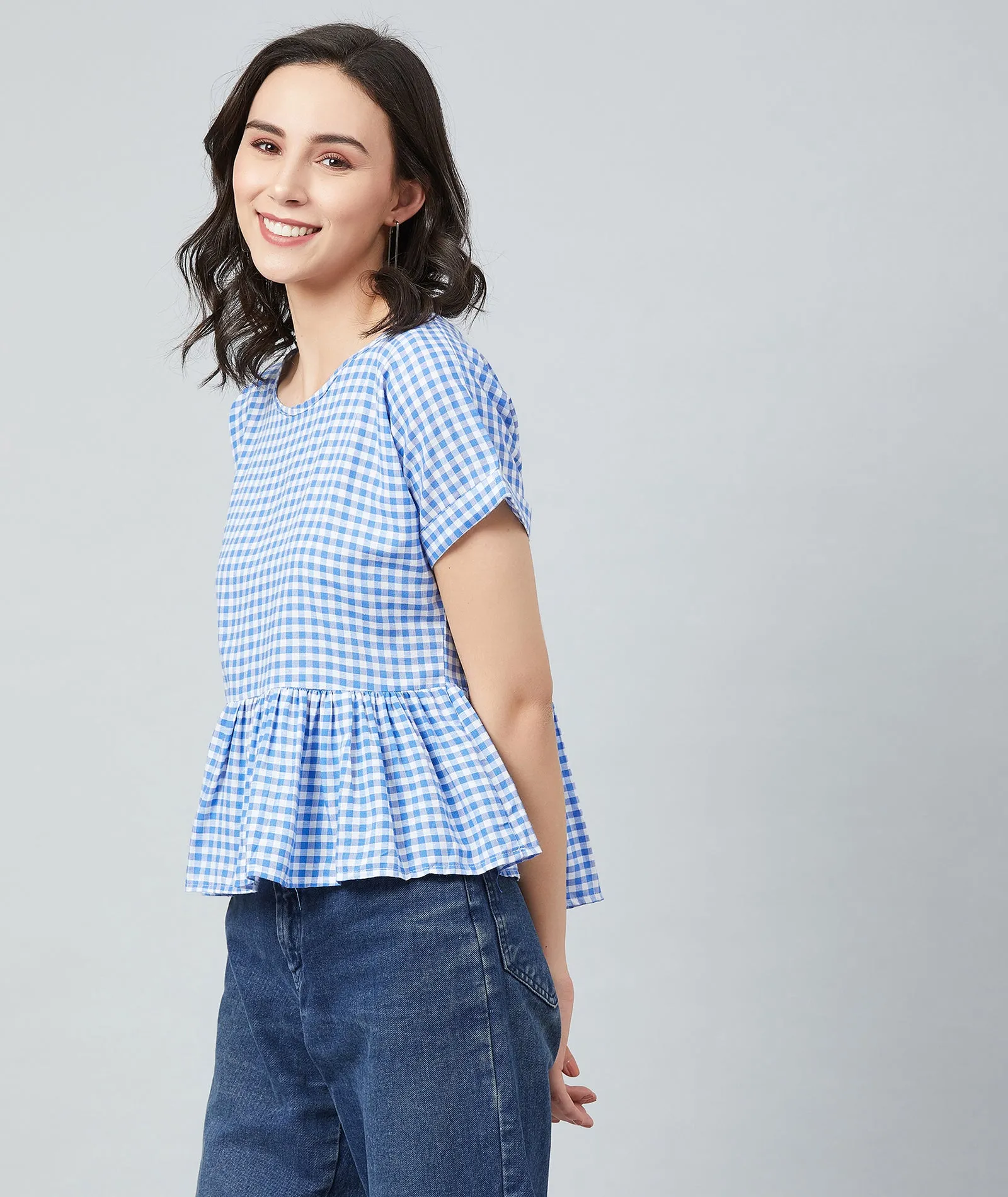 Chimpaaanzee Women Blue Checks Frill Style Top