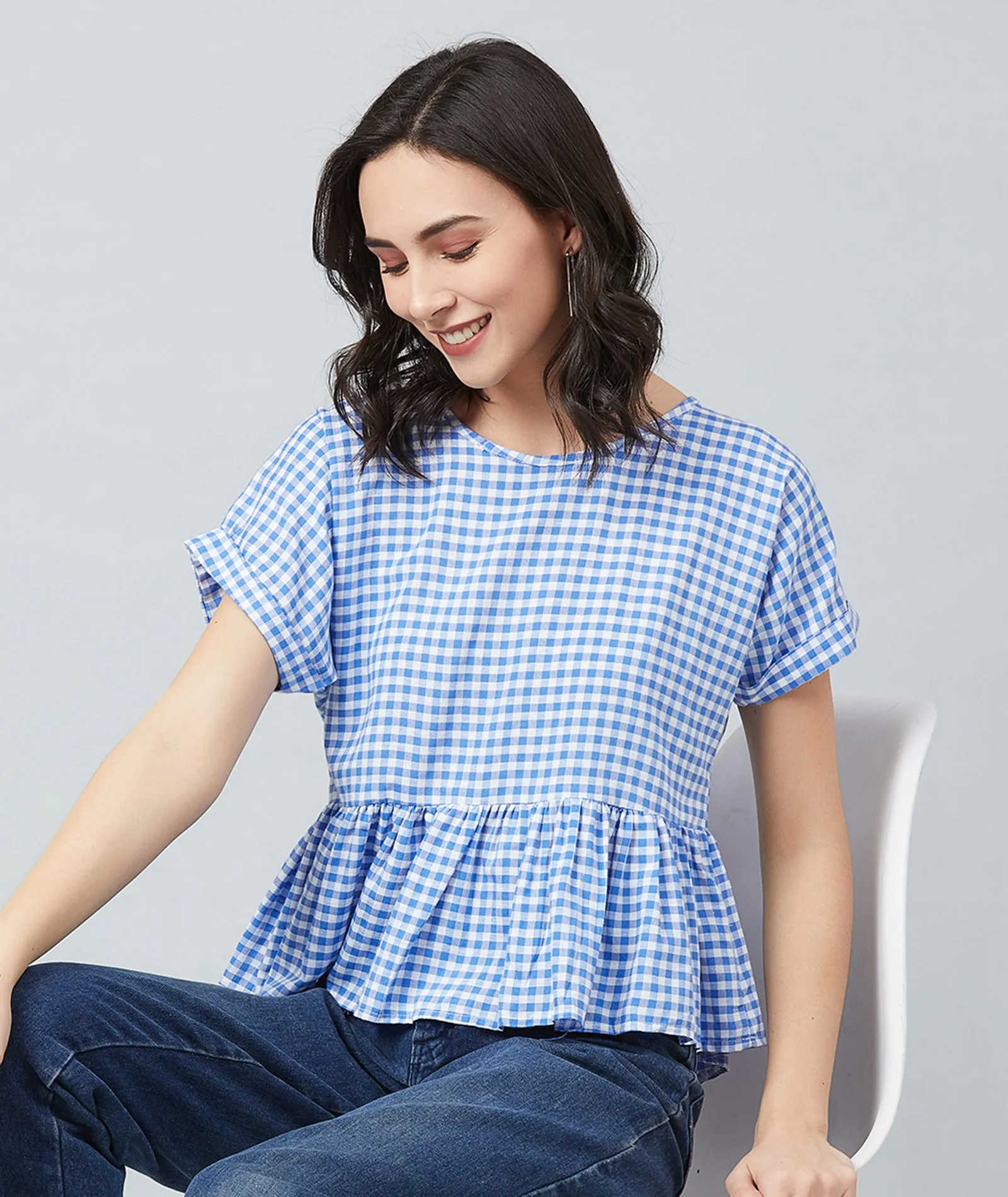 Chimpaaanzee Women Blue Checks Frill Style Top