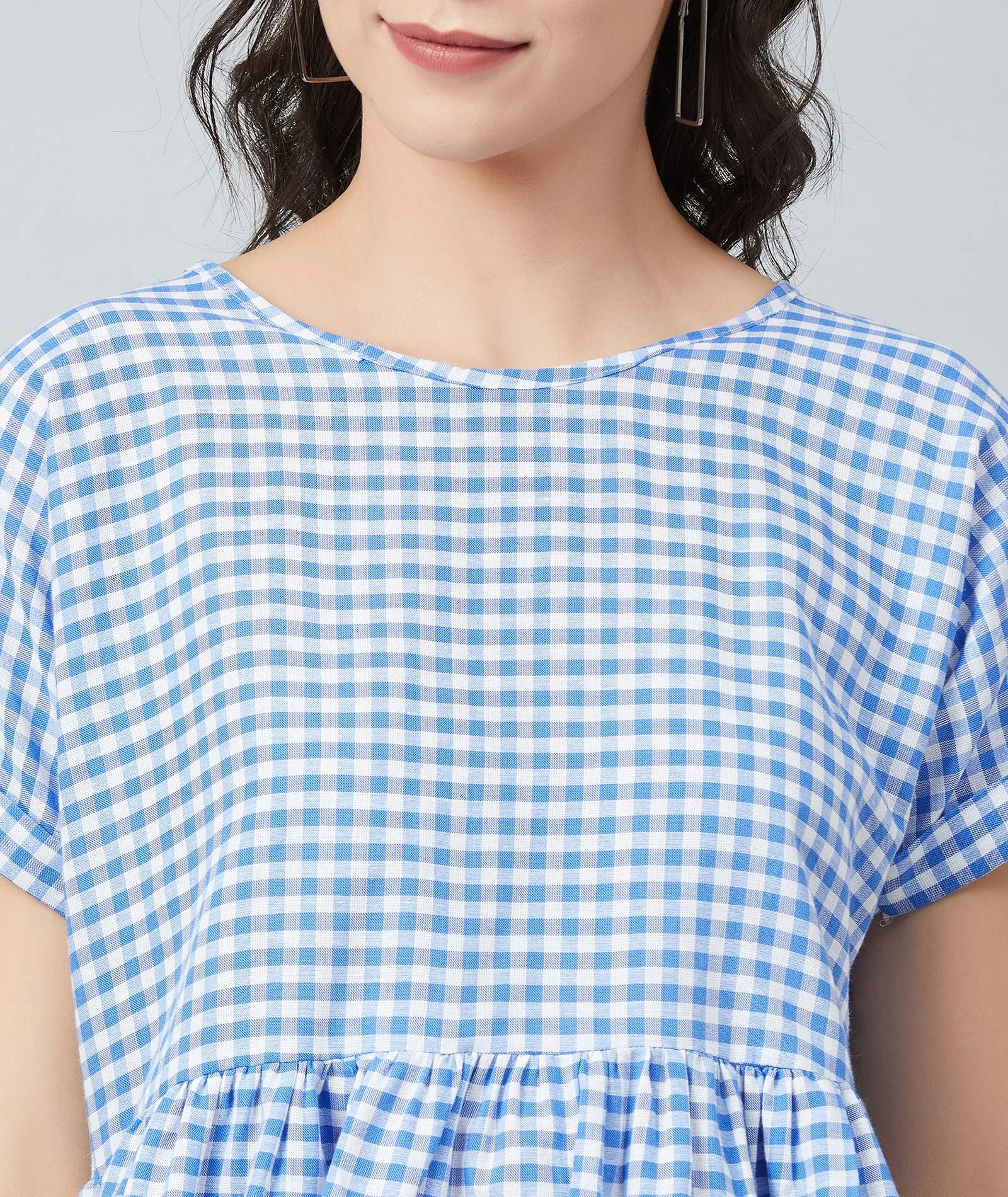 Chimpaaanzee Women Blue Checks Frill Style Top